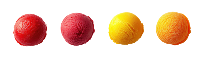 Vier bunte Eiskugeln: rot, himbeere, gelb, orange, isoliert png