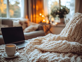 A laptop is on a blanket next to a cup of coffee