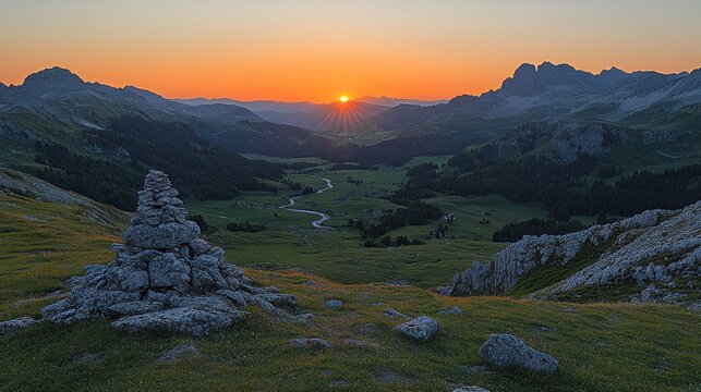Sunrise over Alpine valley, stone cairn foreground - Powered by Adobe