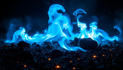 Fototapeta premium A surreal display of blue flames glowing against a dark background, symbolizing fire�s unique energy, mystery, and artistic interpretation in a dramatic visual.