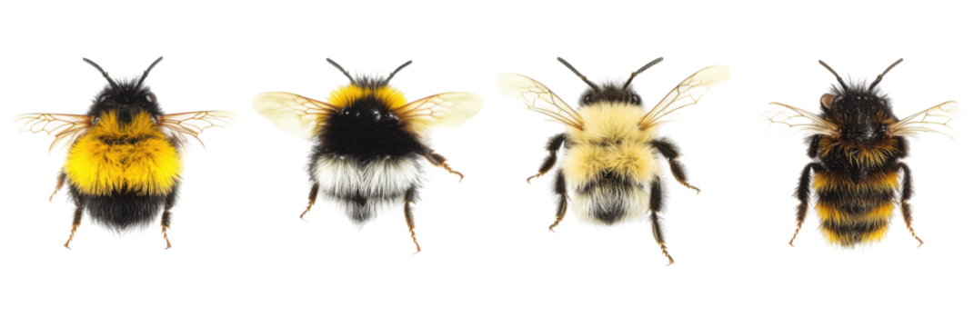 Vier Hummelarten mit unterschiedlichen Mustern und Farben png