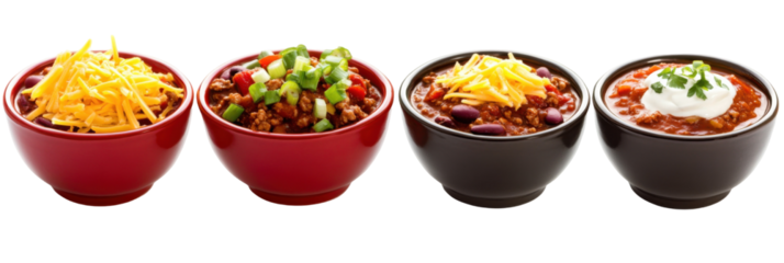 Vier Schüsseln Chili mit Belag, darunter Käse, Sauerrahm, Frühlingszwiebeln und Paprika png