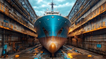 A large blue ship is in a shipyard