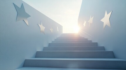 Staircase design featuring a five star symbol representing top ratings excellence and success 3D rendering in a minimalist style