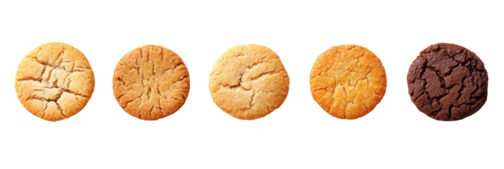 Fünf Sorten runder Kekse auf transparentem Hintergrund mit unterschiedlichen Geschmacksrichtungen und Texturen png