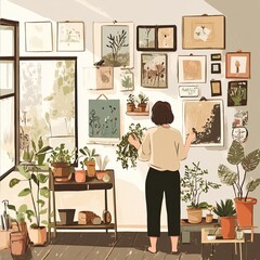 A woman is standing in a room with many pictures on the wall