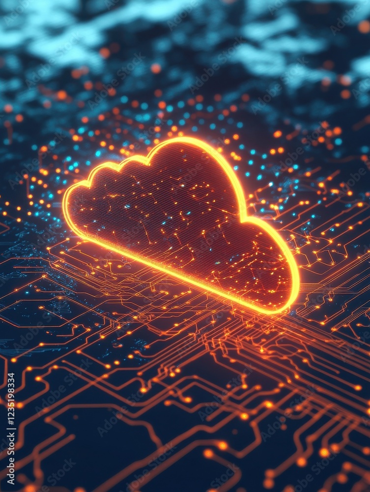 Poster cloud computing icon with circuit background, generative ai