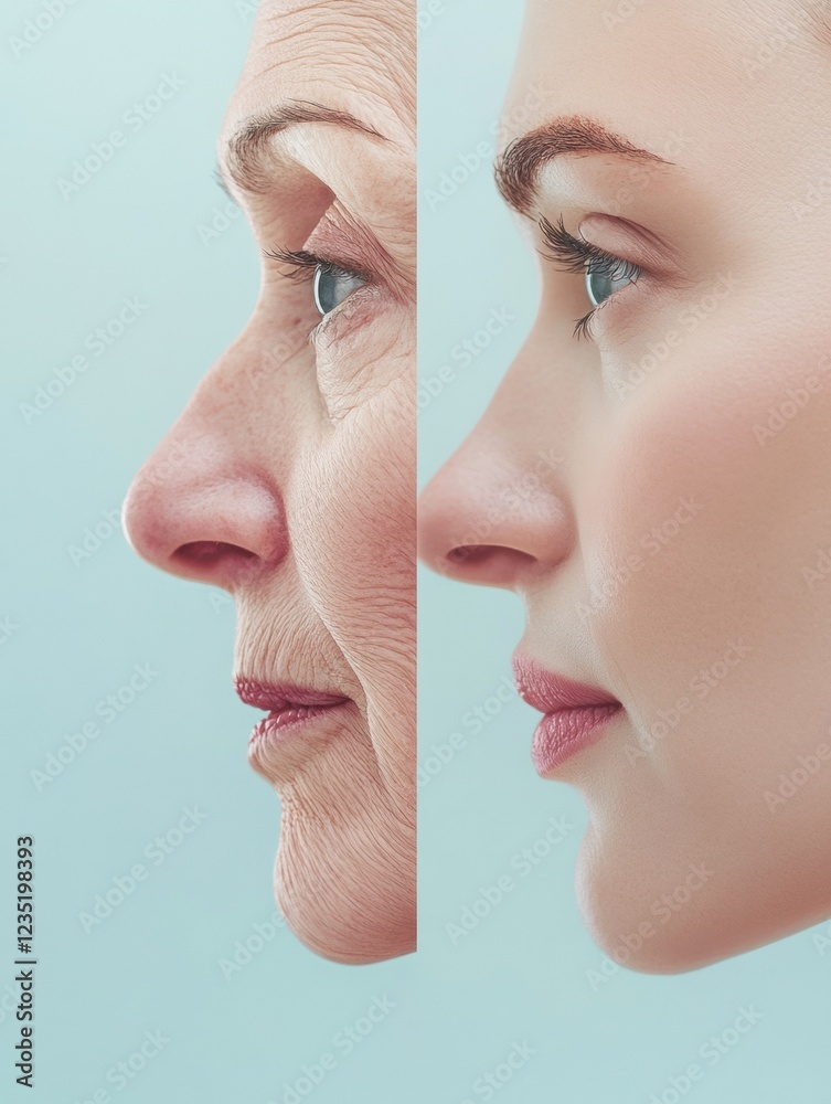 Poster two contrasting faces show signs of aging next to smooth and youthful skin highlighting the passage 