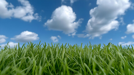 Obraz premium Lush green grass under a vibrant blue sky with fluffy clouds; nature background