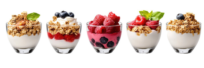 Fünf Schalen Joghurtparfaits mit Müsli, Beeren und frischer Minze garniert auf transparentem Hintergrund png