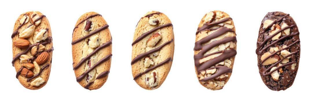 F&uuml;nf mit Schokolade betr&auml;ufelte Biscotti-Kekse mit N&uuml;ssen auf transparentem Hintergrund png