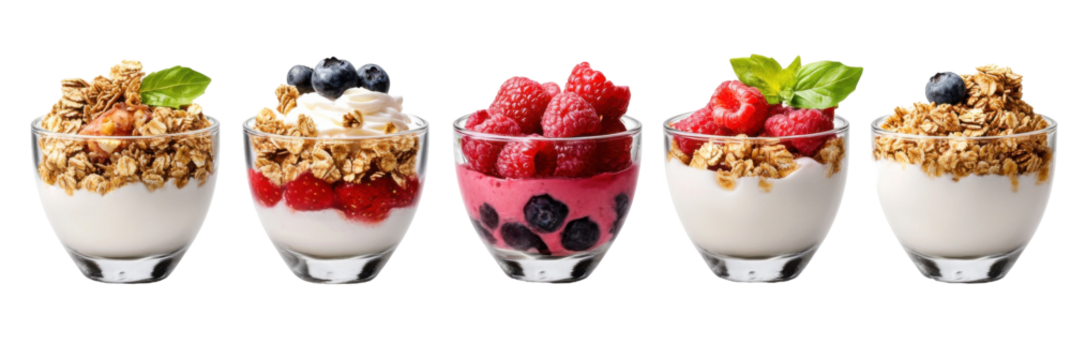 Fünf Schalen Joghurtparfaits mit Müsli, Beeren und frischer Minze garniert auf transparentem Hintergrund png