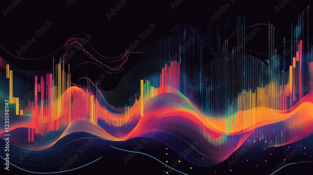 Poster abstract colorful wave motion with data visualization elements
