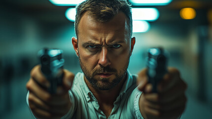 Confident man showing strength and determination with dual weapons