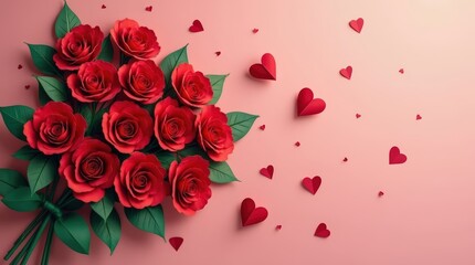 Art bouquet of red roses and the paper hearts on Valentine's Day