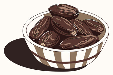 3 A close-up photograph of a bowl of dates, taken from above. The dates are dark brown and shiny, with a few showing a slight sheen. The bowl is made of ceramic, with a brown and beige striped pattern