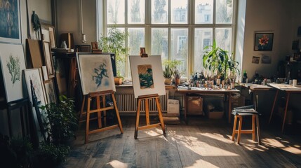 A studio with natural light and plants, featuring two easels with paintings and a table with art supplies.