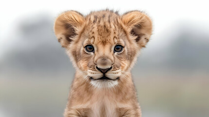 Obraz premium Cute lion cub portrait, wildlife, safari background, animal poster