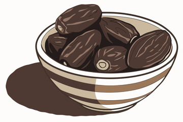 3 A close-up photograph of a bowl of dates, taken from above. The dates are dark brown and shiny, with a few showing a slight sheen. The bowl is made of ceramic, with a brown and beige striped pattern