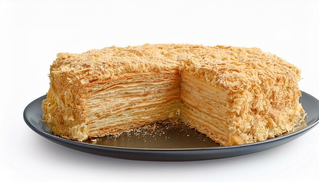 napoleon cake slice on white background isolated with clipping course