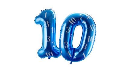 Realistic 3D blue number 10 ten shaped balloon isolated on white or transparent background