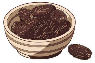 3 A close-up photograph of a bowl of dates, taken from above. The dates are dark brown and shiny, with a few showing a slight sheen. The bowl is made of ceramic, with a brown and beige striped pattern