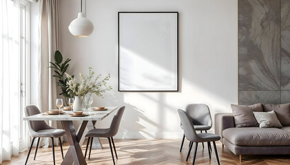 Modern Dining Room Interior with Large Wall Frame Mockup and Elegant Table Setup
