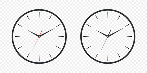 Flat Vector Wall Office Clock Face Set. Clock Dial and Clock Hands Closeup Isolated. Design Template. Simple Minimalistic Wall Clocks in Front View