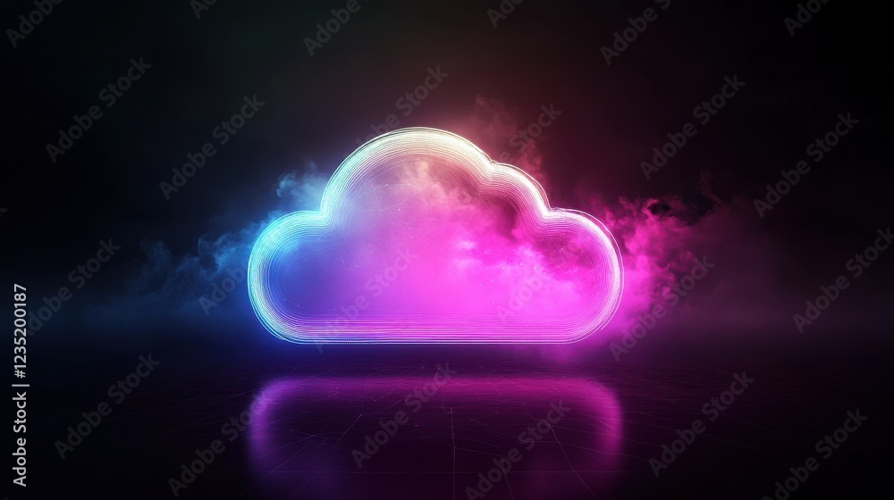 Poster digital cloud computing network concept with glowing wireframe design elements on dark technology ba