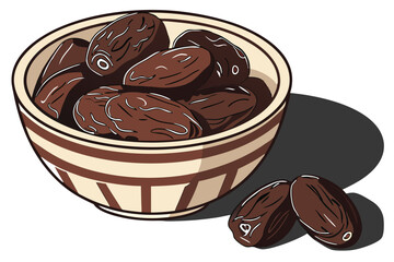 3 A close-up photograph of a bowl of dates, taken from above. The dates are dark brown and shiny, with a few showing a slight sheen. The bowl is made of ceramic, with a brown and beige striped pattern