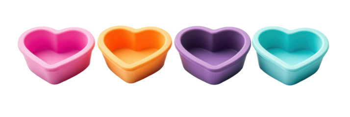 Bunte herzförmige Silikonformen in Pink, Orange, Lila und Blau png