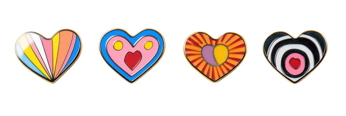 Bunte herzförmige Pins mit abstrakten Designs auf transparentem Hintergrund png