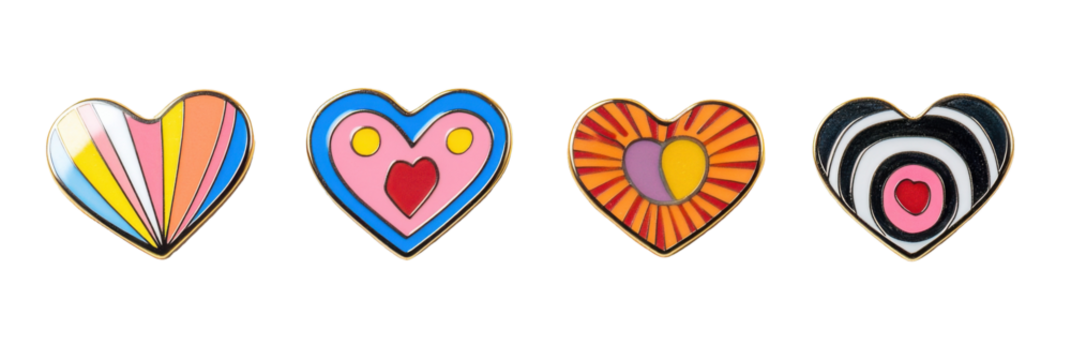 Bunte herzförmige Pins mit abstrakten Designs auf transparentem Hintergrund png