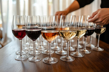 Wine tasting event featuring a variety of glasses arranged on a wooden table in an elegant setting