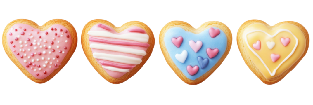 Bunte herzförmige Kekse mit Zuckerguss und Streuseln auf transparentem Hintergrund png