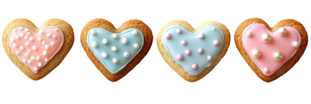 Bunte herzförmige Kekse mit Zuckerguss und Streuseln in Pastellfarben png