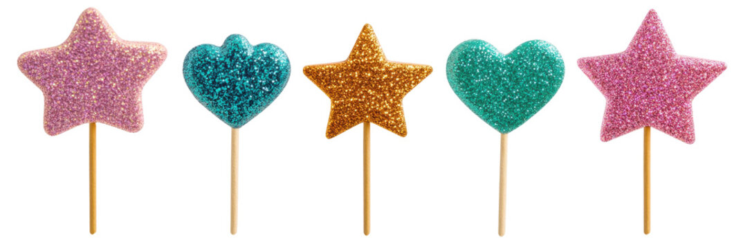 Bunte glitzernde Lutscher in Stern- und Herzform am Stiel png