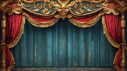 A vintage theater backdrop features sophisticated and detailed designs that were popular in traditional stage performances. Baroque Drama. Illustration