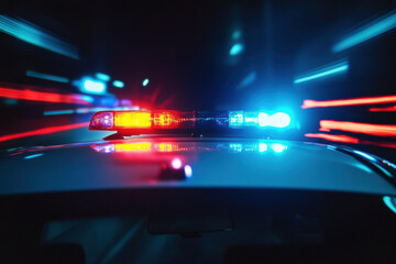 Closeup of Police Lights on Dark Street at Night 
