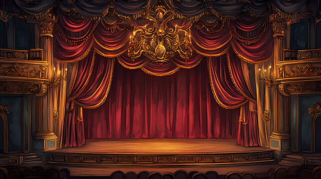 A vintage theater backdrop features sophisticated and detailed designs that were popular in traditional stage performances. Baroque Drama. Illustration
