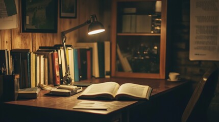 A wooden desk with a lamp, books, and papers.