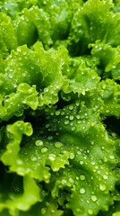 Close-up view of fresh lettuce leaves covered in droplets of water showcasing vibrant green texture and natural freshness in a garden setting. Generative AI