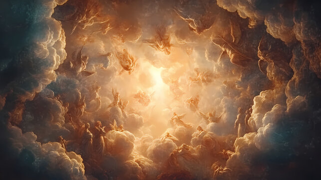 Baroque ceiling fresco of celestial beings and clouds in cathedral with divine grandeur. Baroque Drama. Illustration