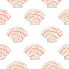 A cute seamless pattern with sea shells. A fun holiday print. Banner, background, wrapping paper, packaging, fabric, notebook cover. Summer wallpaper.