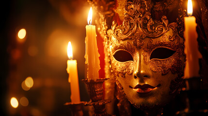 Elegant candlelight illuminates ornate mask symbolism. Baroque Drama. Illustration