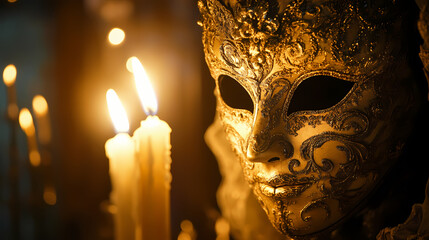 Elegant candlelight illuminates ornate mask symbolism. Baroque Drama. Illustration