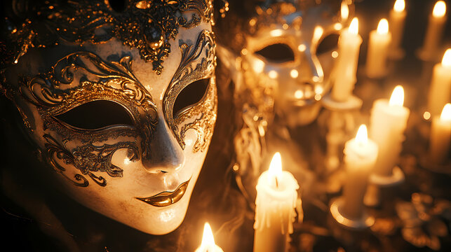 Elegant candlelight illuminates ornate mask symbolism. Baroque Drama. Illustration