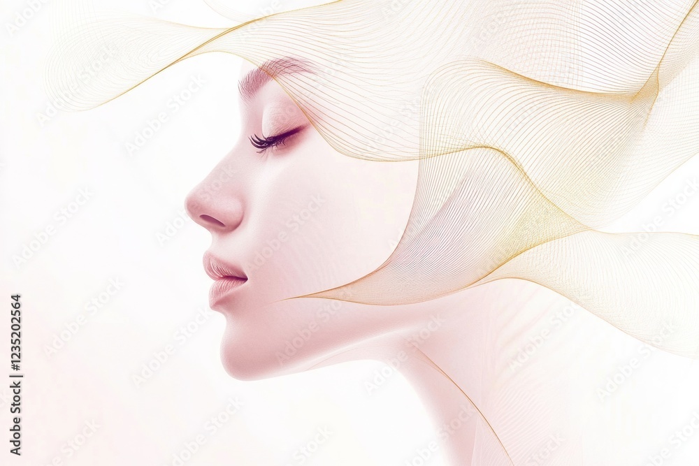 Poster silhouette of a womans face featuring golden ratio lines against a soft pastel background. generativ