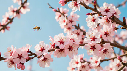 Blooming peach blossoms under clear sky with buzzing honeybees, spring beauty