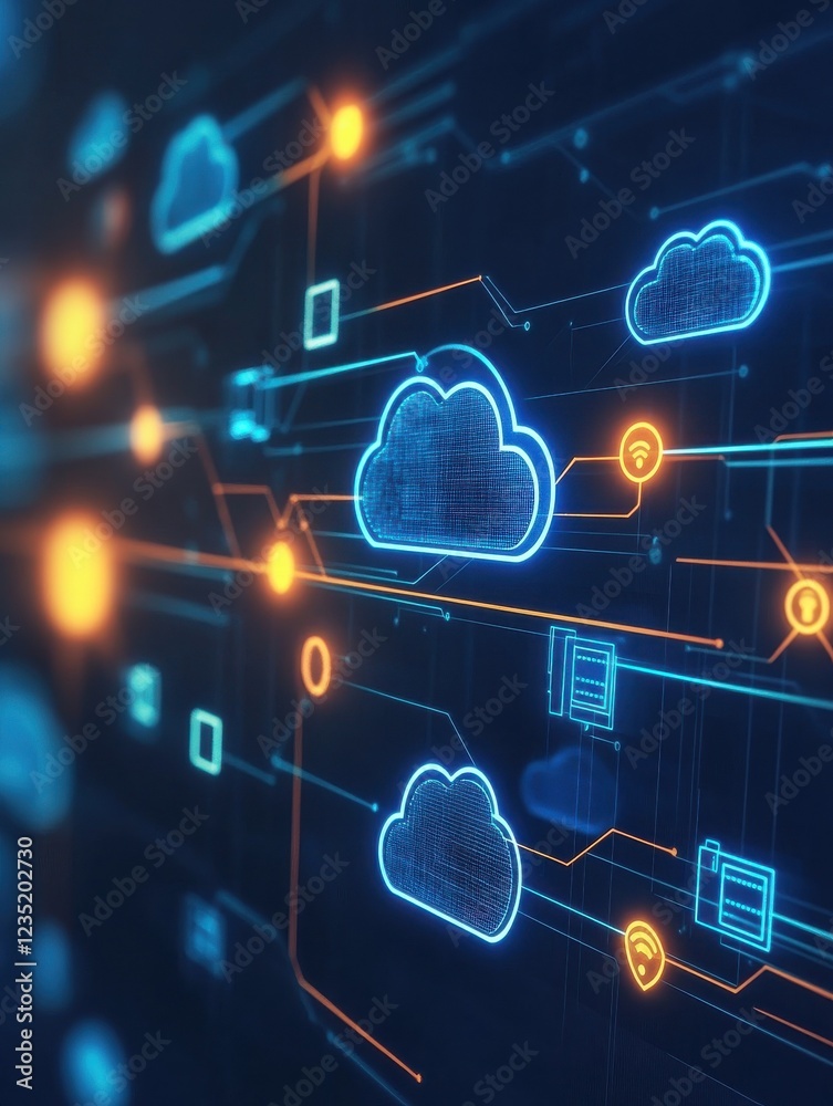 Poster networked cloud computing concept with bright, interconnected icons and glowing storage points